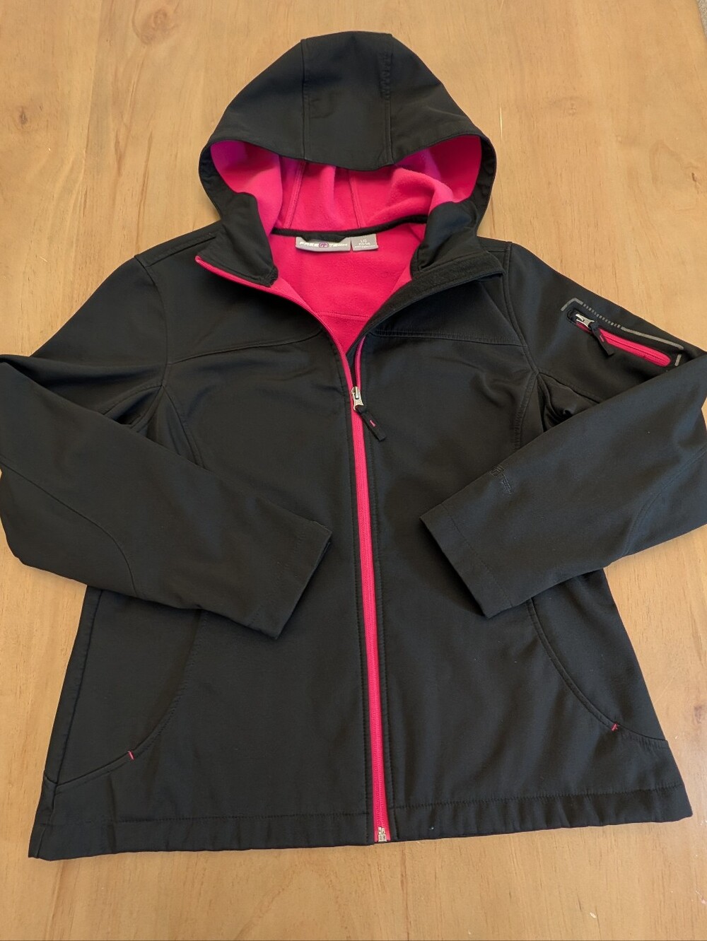 Free Tech Medium Weight Hooded Jacket Black w Pink Zip & Lining Size Large